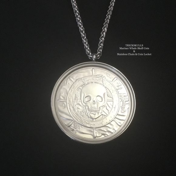 Mariner Whale Skull Moby Dick Ship Coin & Stainless Wheat Link Chain and Locket - Picture 8 of 8